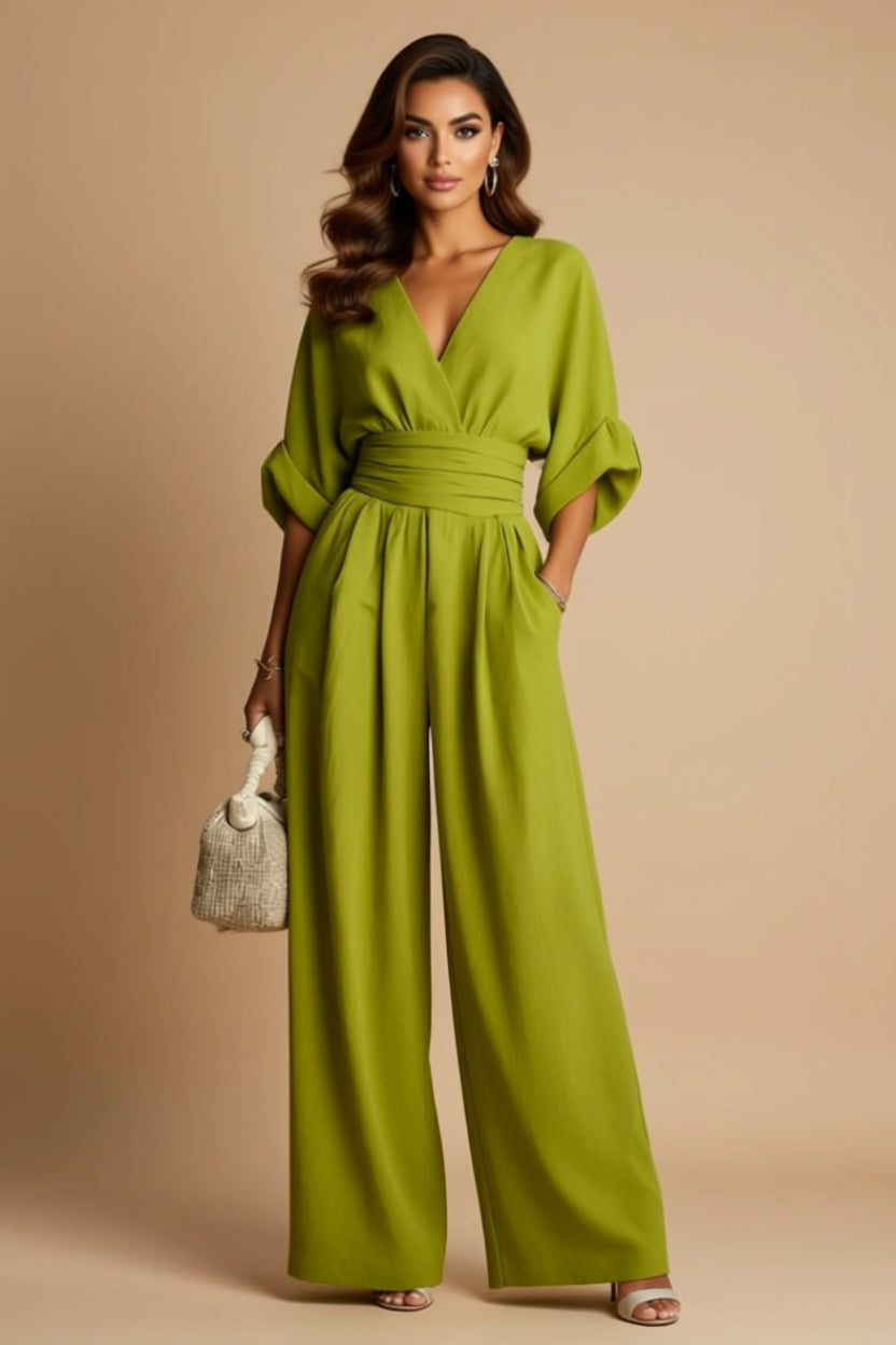 Ruched-Waist V-Neck Wide-Leg Jumpsuit with Pockets