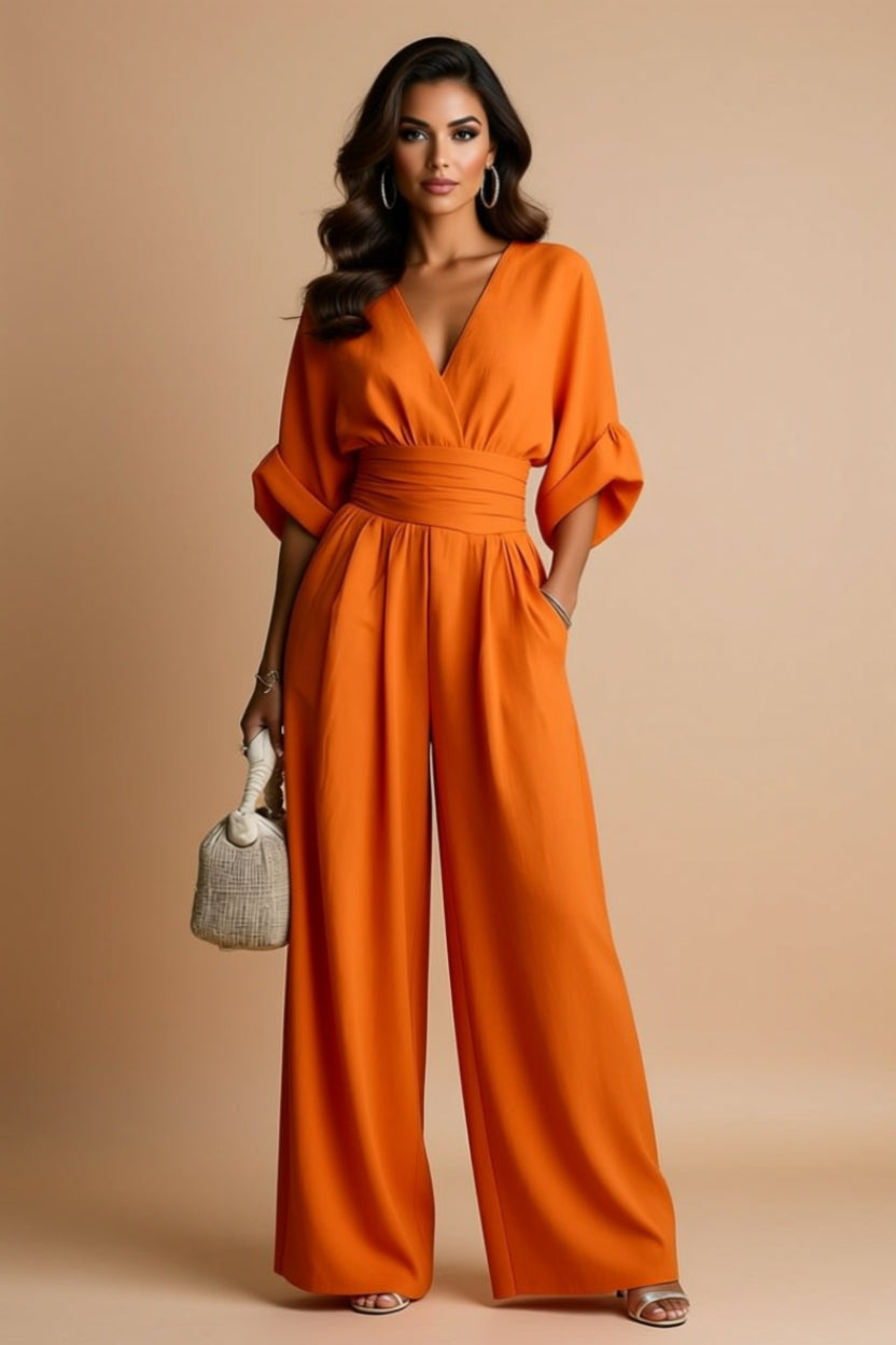 Ruched-Waist V-Neck Wide-Leg Jumpsuit with Pockets