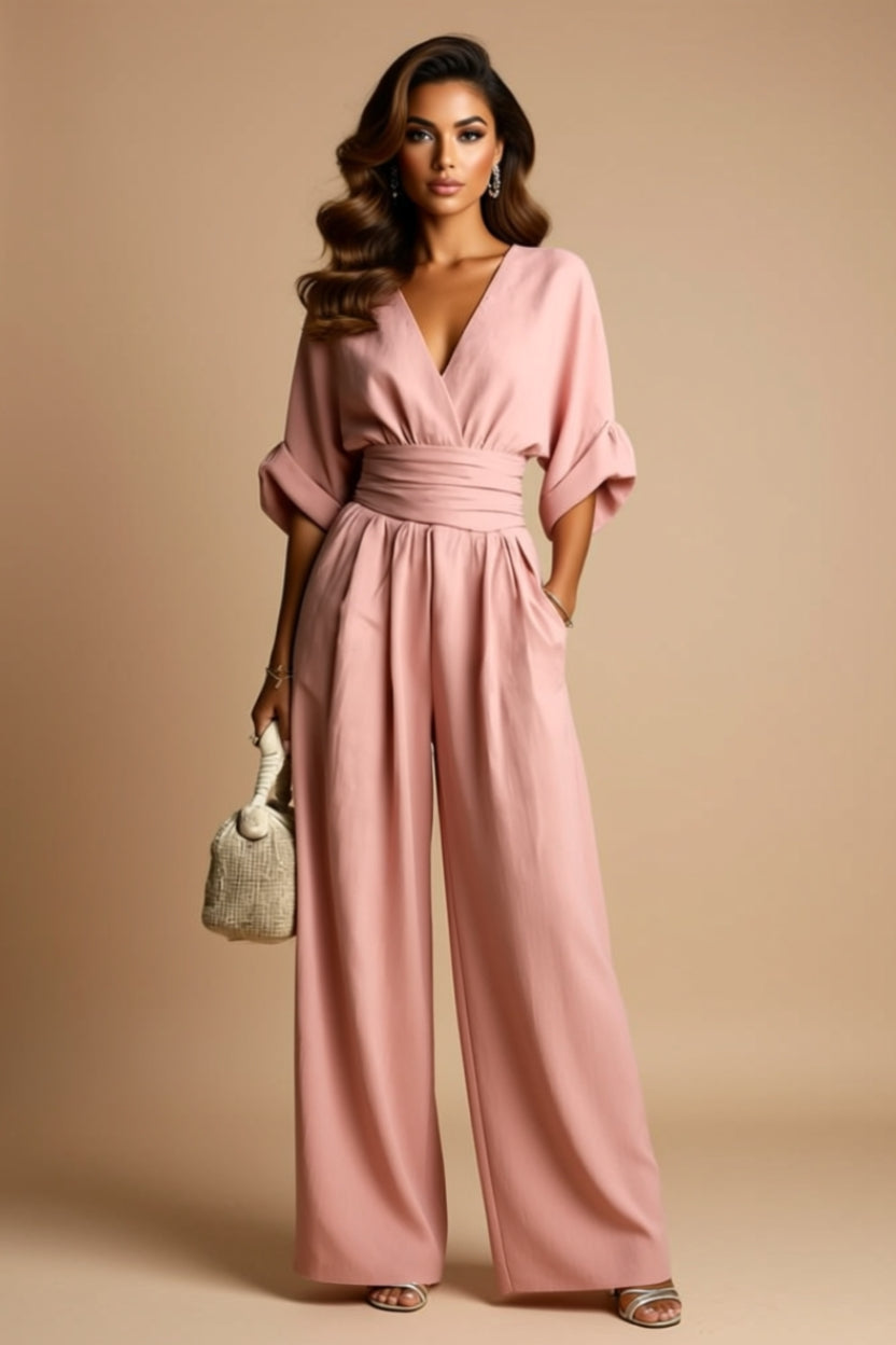 Ruched-Waist V-Neck Wide-Leg Jumpsuit with Pockets