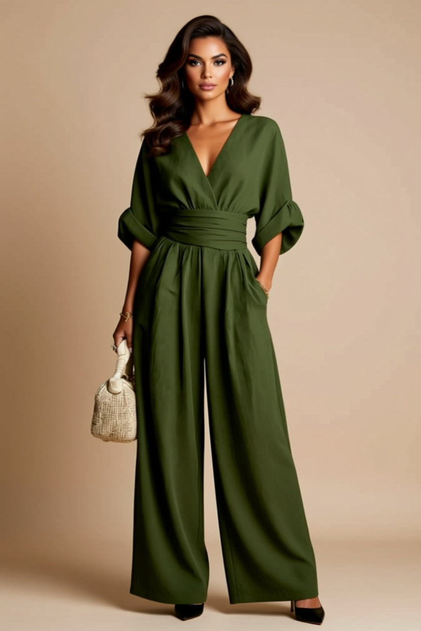 Ruched-Waist V-Neck Wide-Leg Jumpsuit with Pockets