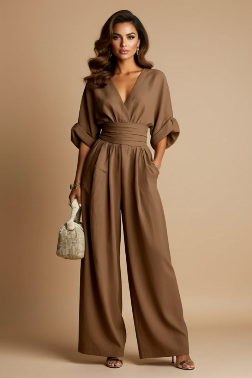 Ruched-Waist V-Neck Wide-Leg Jumpsuit with Pockets