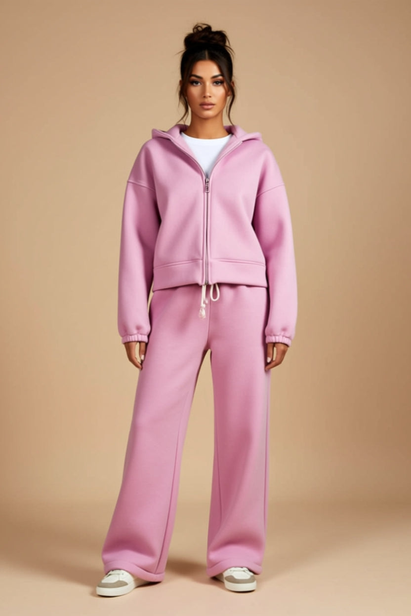 Zip-Up Hoodie and Drawstring Wide-Leg Pants Two-Piece Set