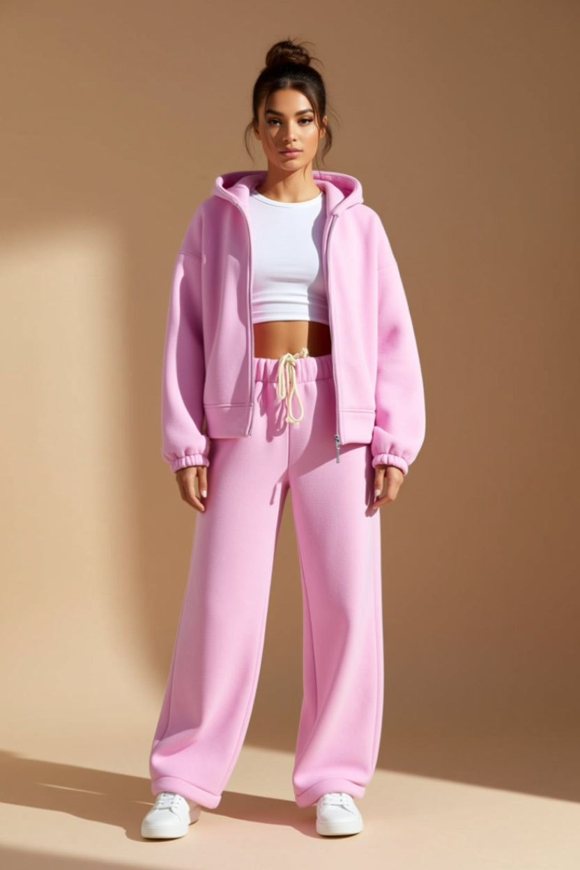 Zip-Up Hoodie and Drawstring Wide-Leg Pants Two-Piece Set