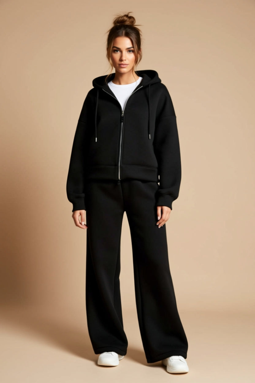 Zip-Up Hoodie and Drawstring Wide-Leg Pants Two-Piece Set