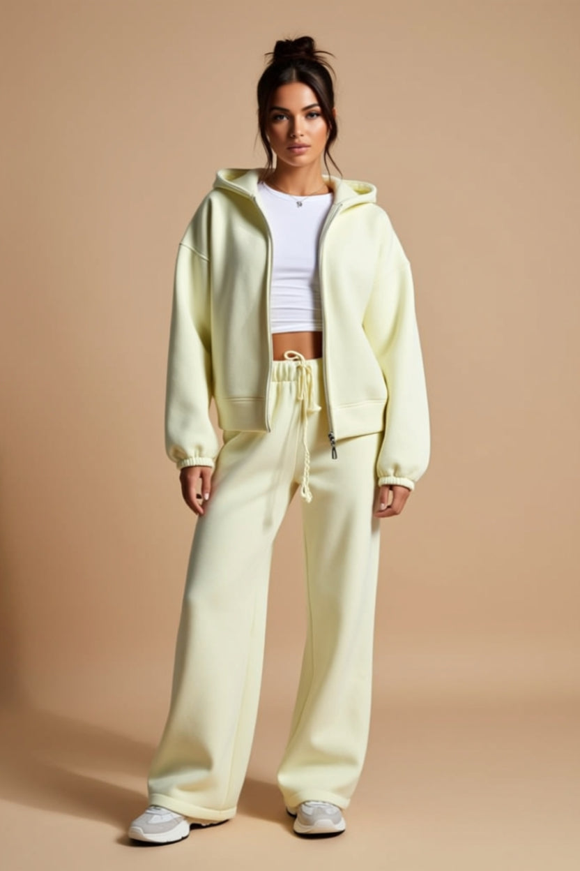 Zip-Up Hoodie and Drawstring Wide-Leg Pants Two-Piece Set