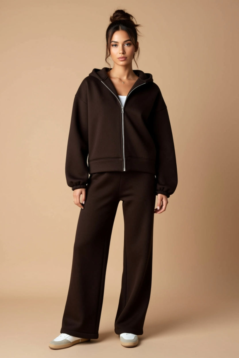Zip-Up Hoodie and Drawstring Wide-Leg Pants Two-Piece Set