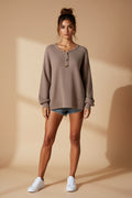 Waffle-Knit Button-Neck Long-Sleeve Henley Top
