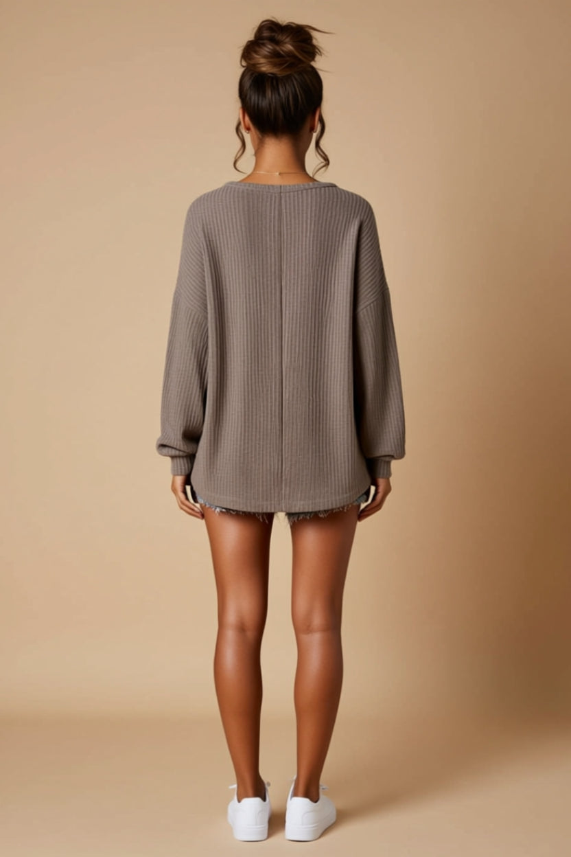 Waffle-Knit Button-Neck Long-Sleeve Henley Top
