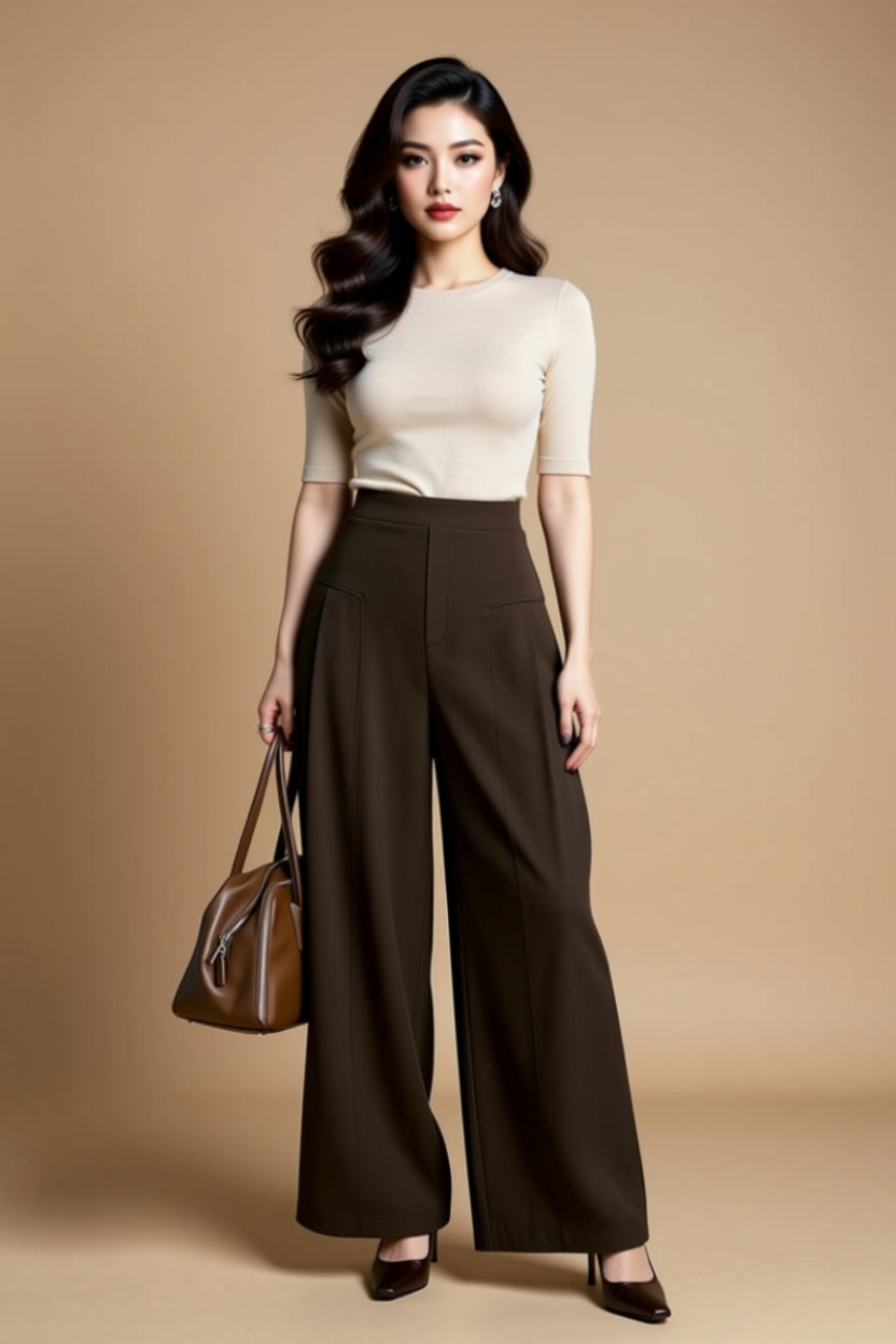 Chocolate Brown High-Waisted Tailored Wide-Leg Pants