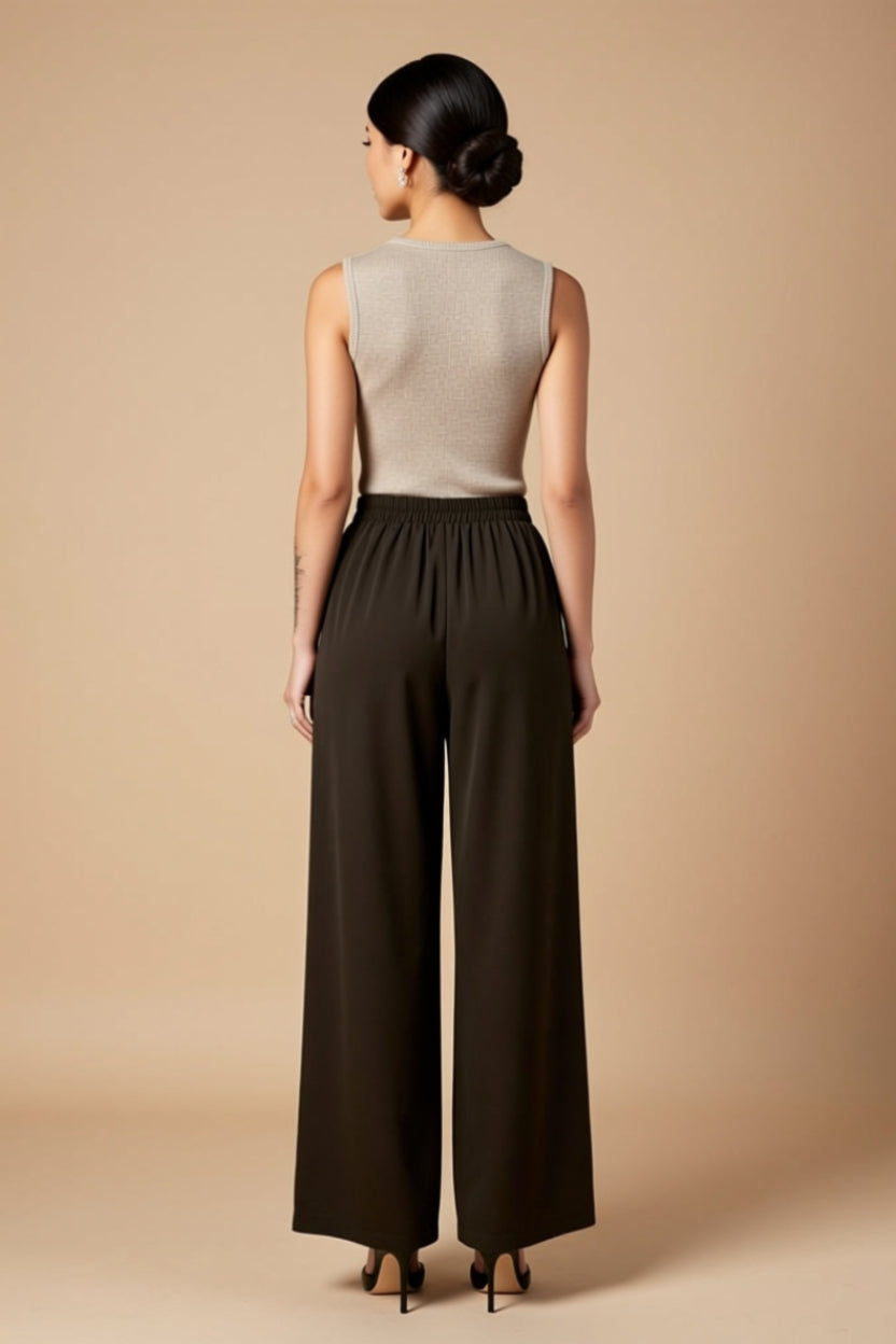 Chocolate Brown High-Waisted Tailored Wide-Leg Pants