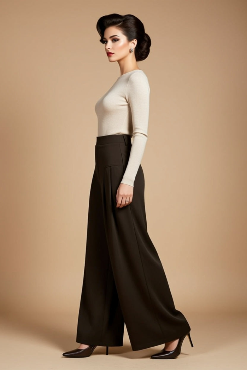 Chocolate Brown High-Waisted Tailored Wide-Leg Pants
