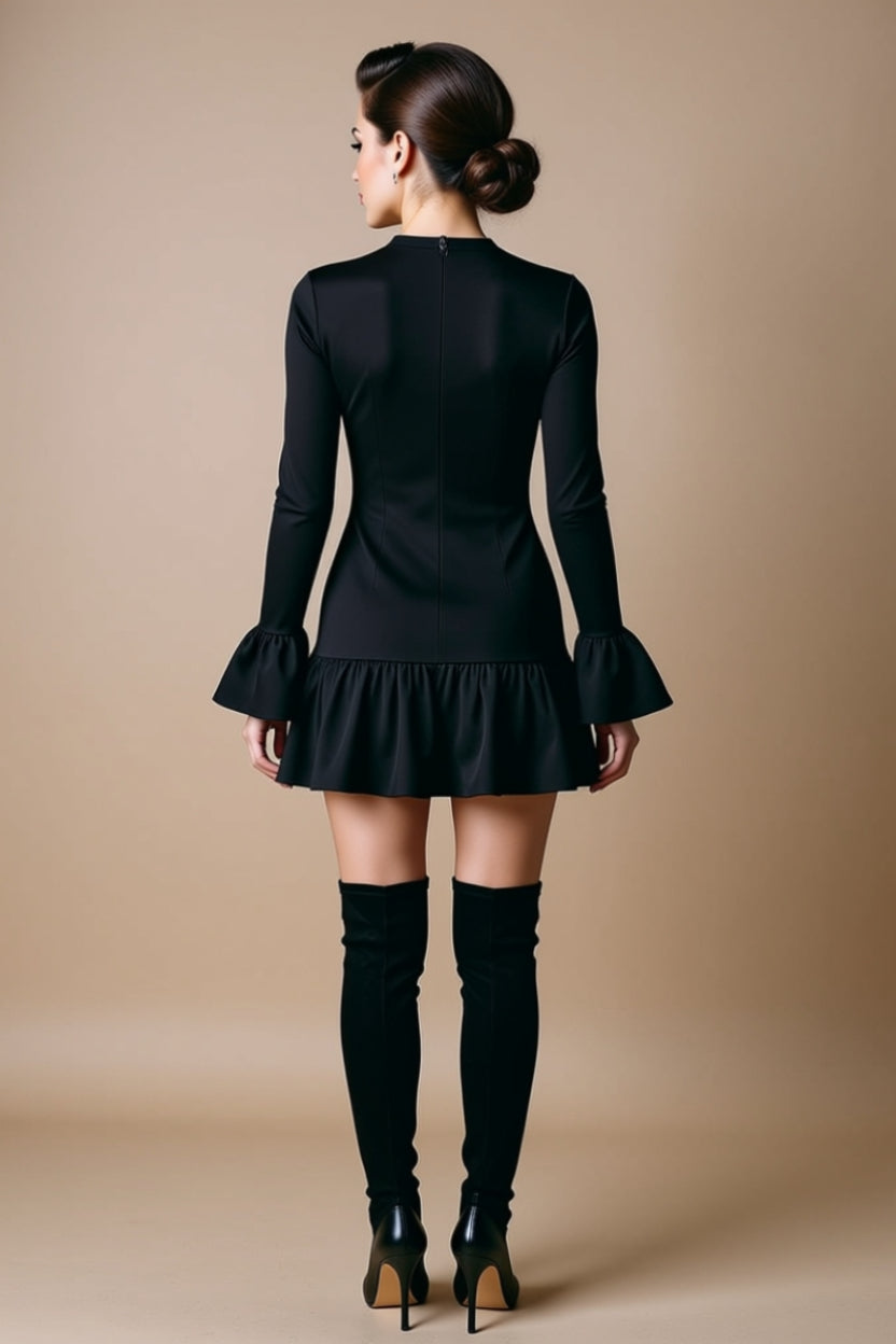 Black Long-Sleeve Ruffle-Hem Bodycon Mini Dress