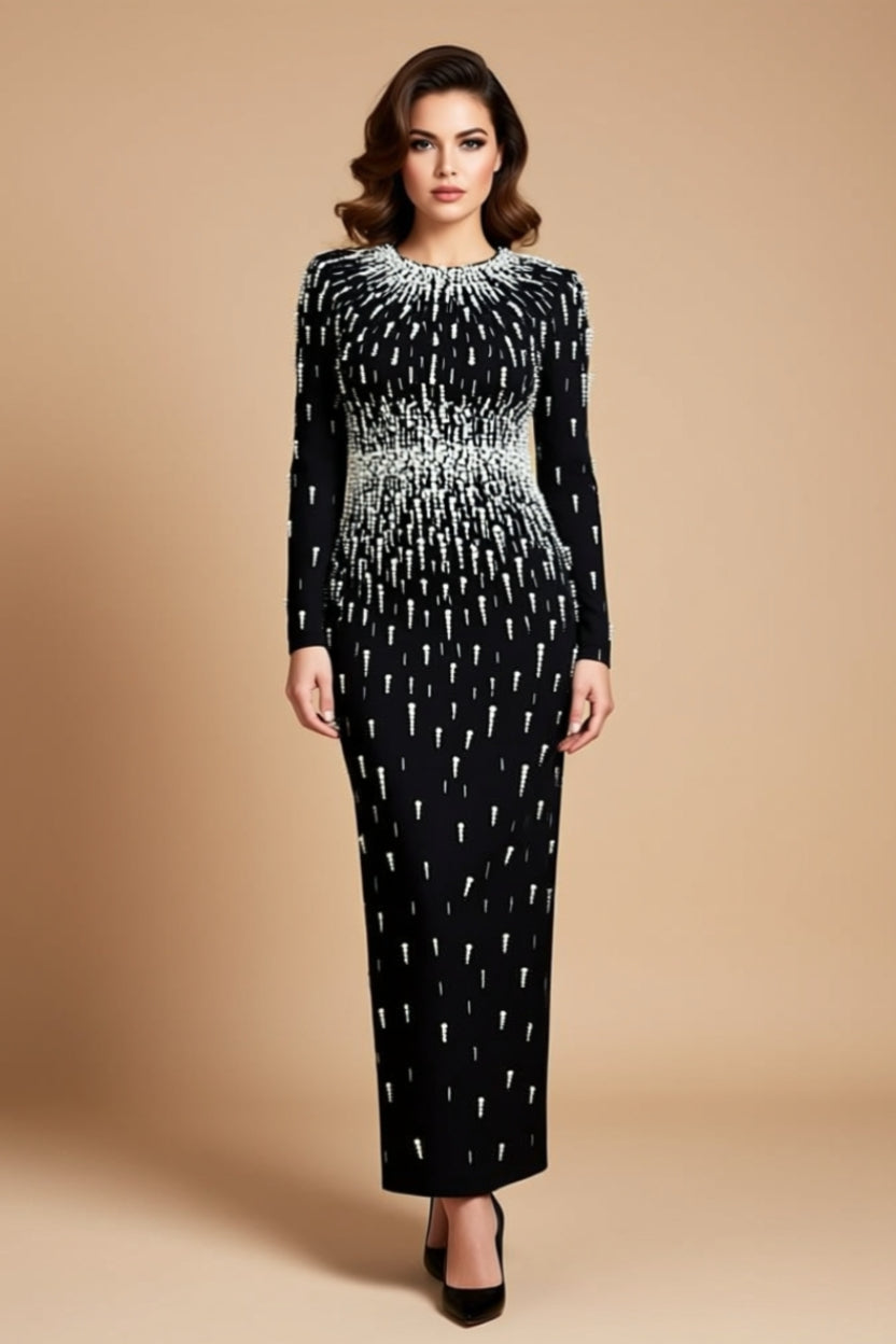 Black Rhinestone Long-Sleeve Bodycon Maxi Dress