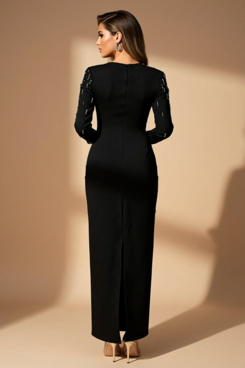 Black Rhinestone Long-Sleeve Bodycon Maxi Dress