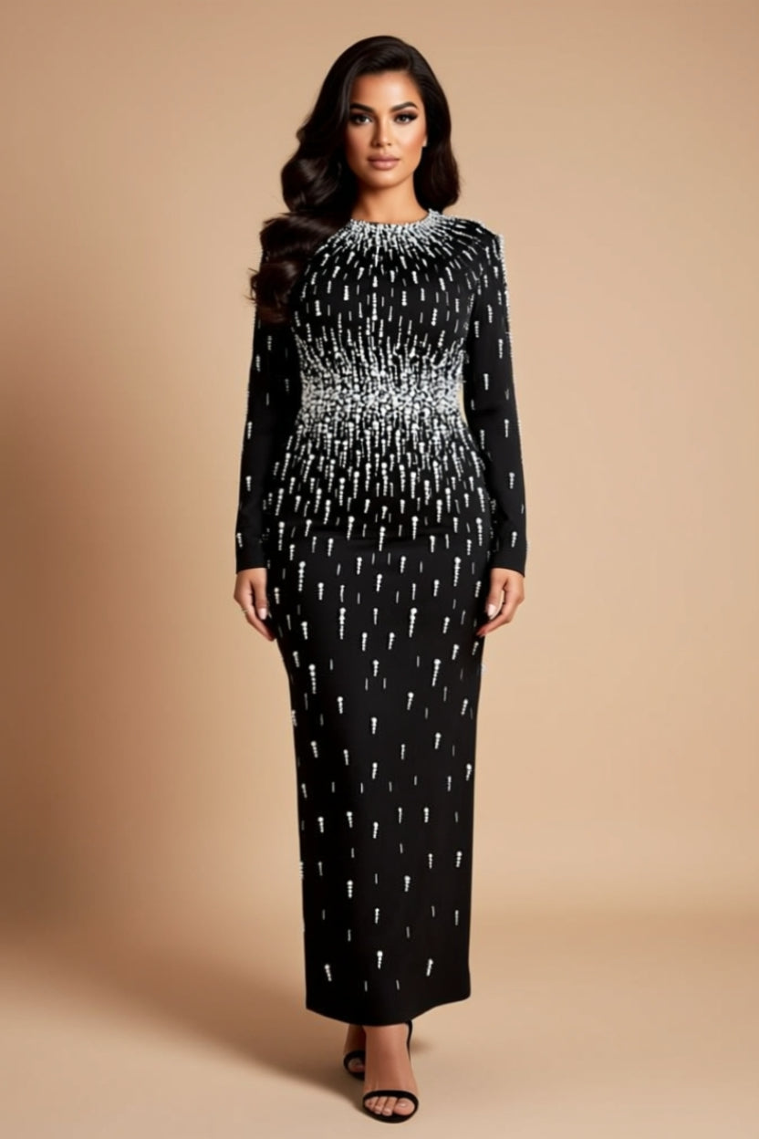 Black Rhinestone Long-Sleeve Bodycon Maxi Dress