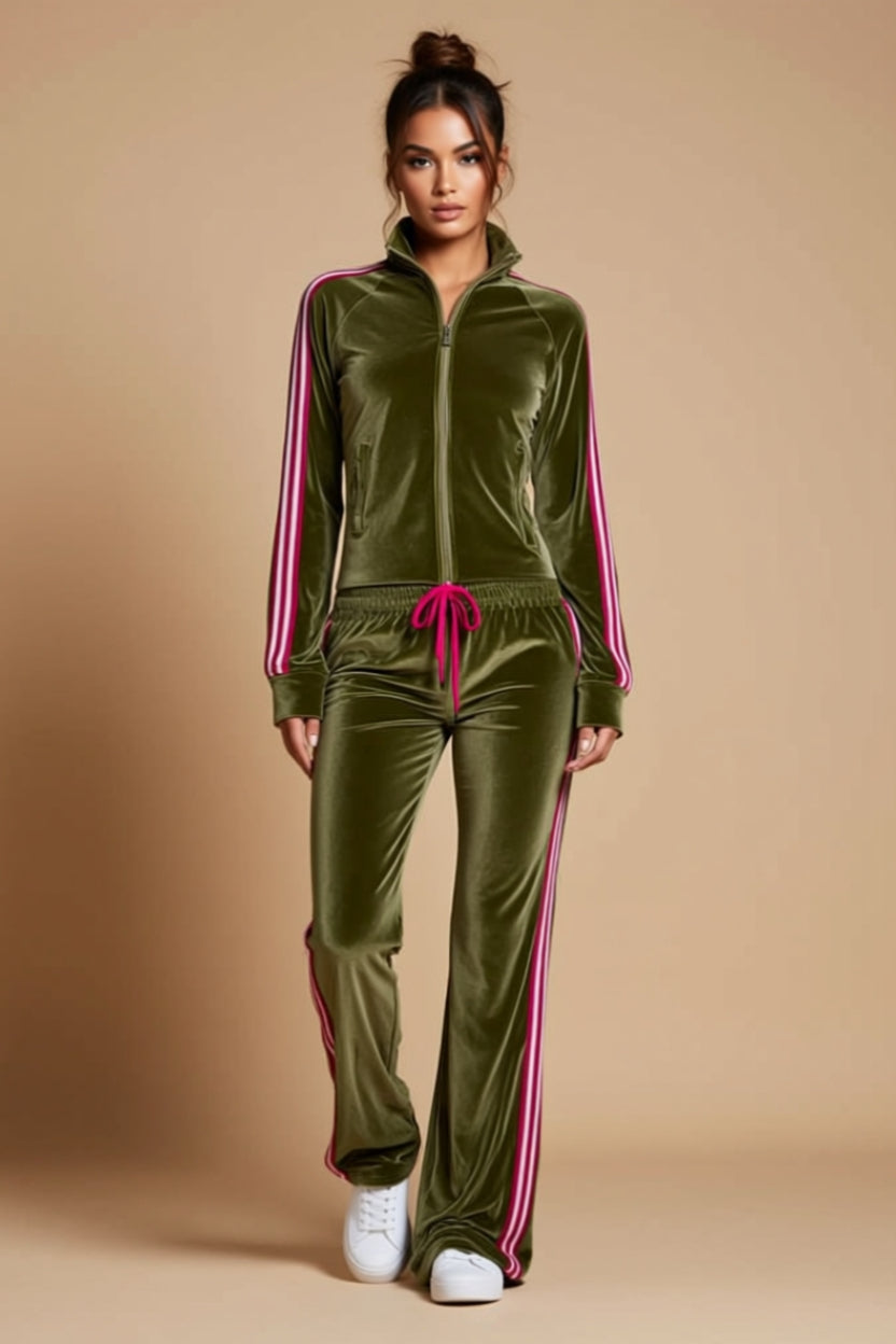 Olive Green Velour Zip-Up Jacket and Track Pants Two-Piece Set