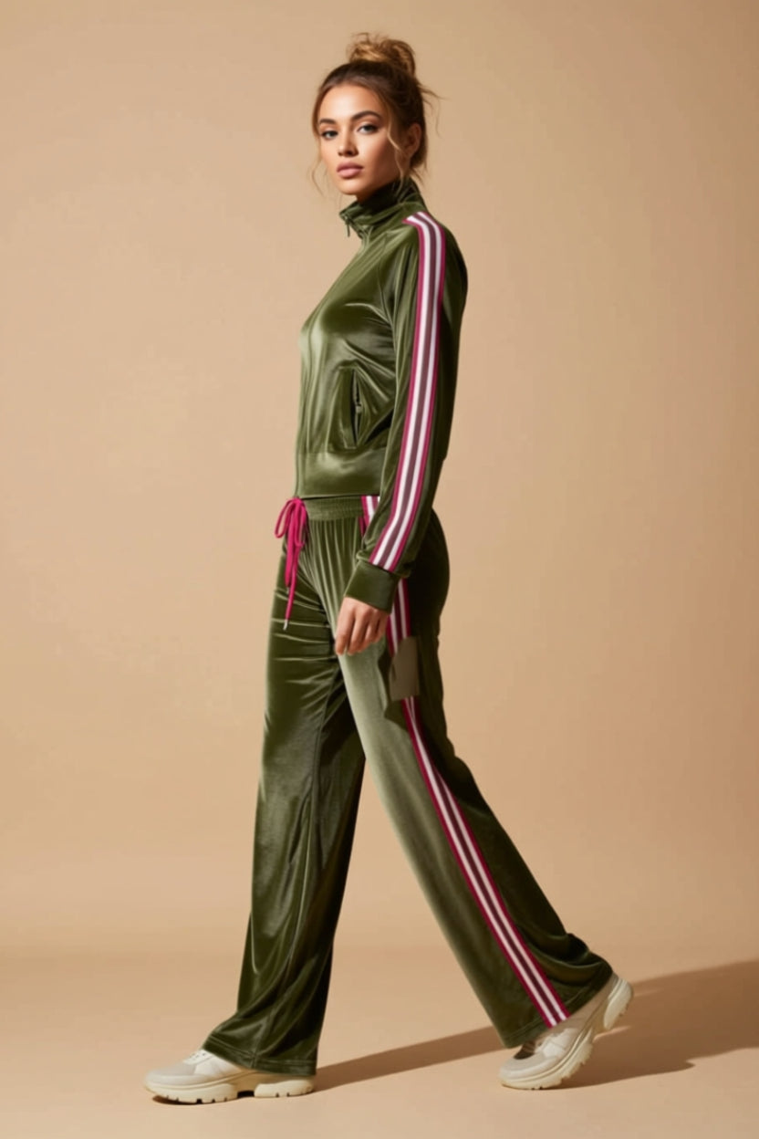 Olive Green Velour Zip-Up Jacket and Track Pants Two-Piece Set