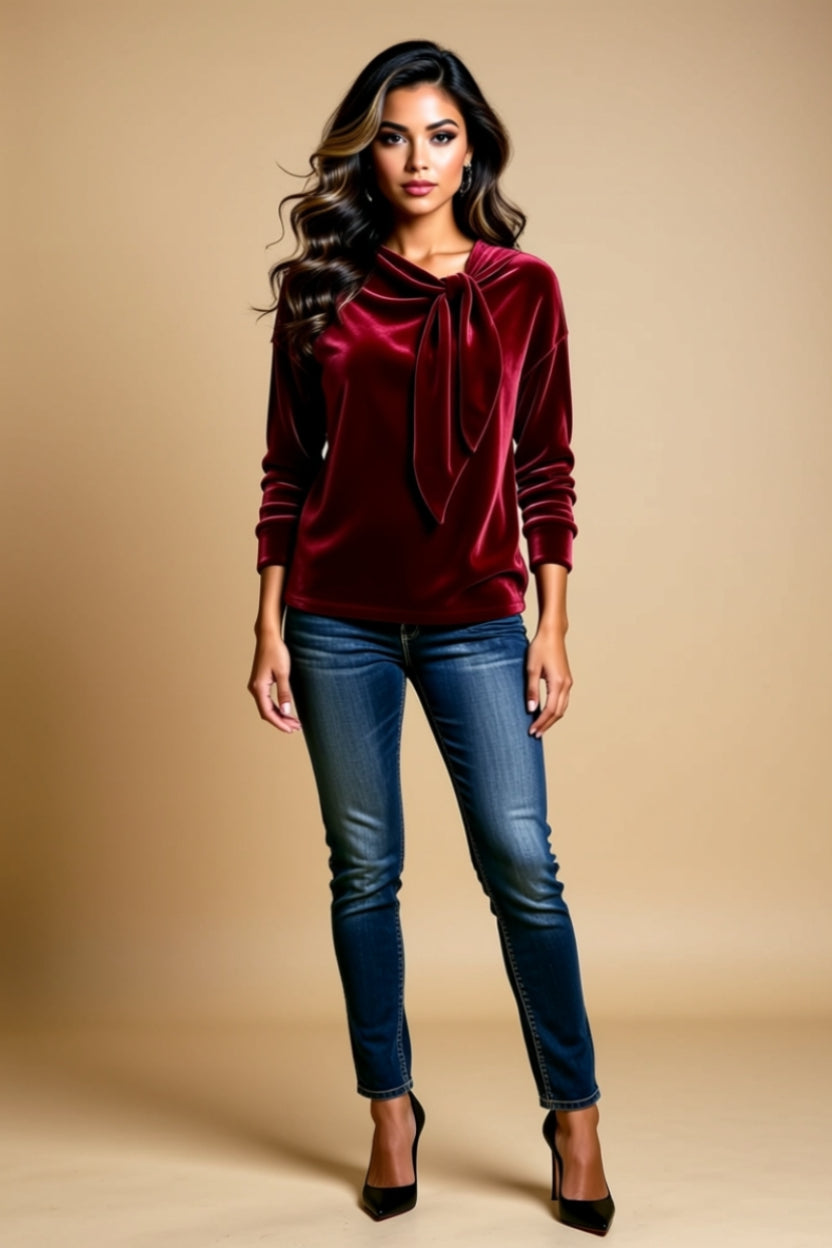 Tie-Neck Long-Sleeve Velvet-Look Sweater
