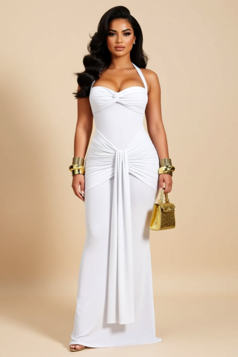 Ruched Halter-Neck Sheer-Panel Bodycon Maxi Dress