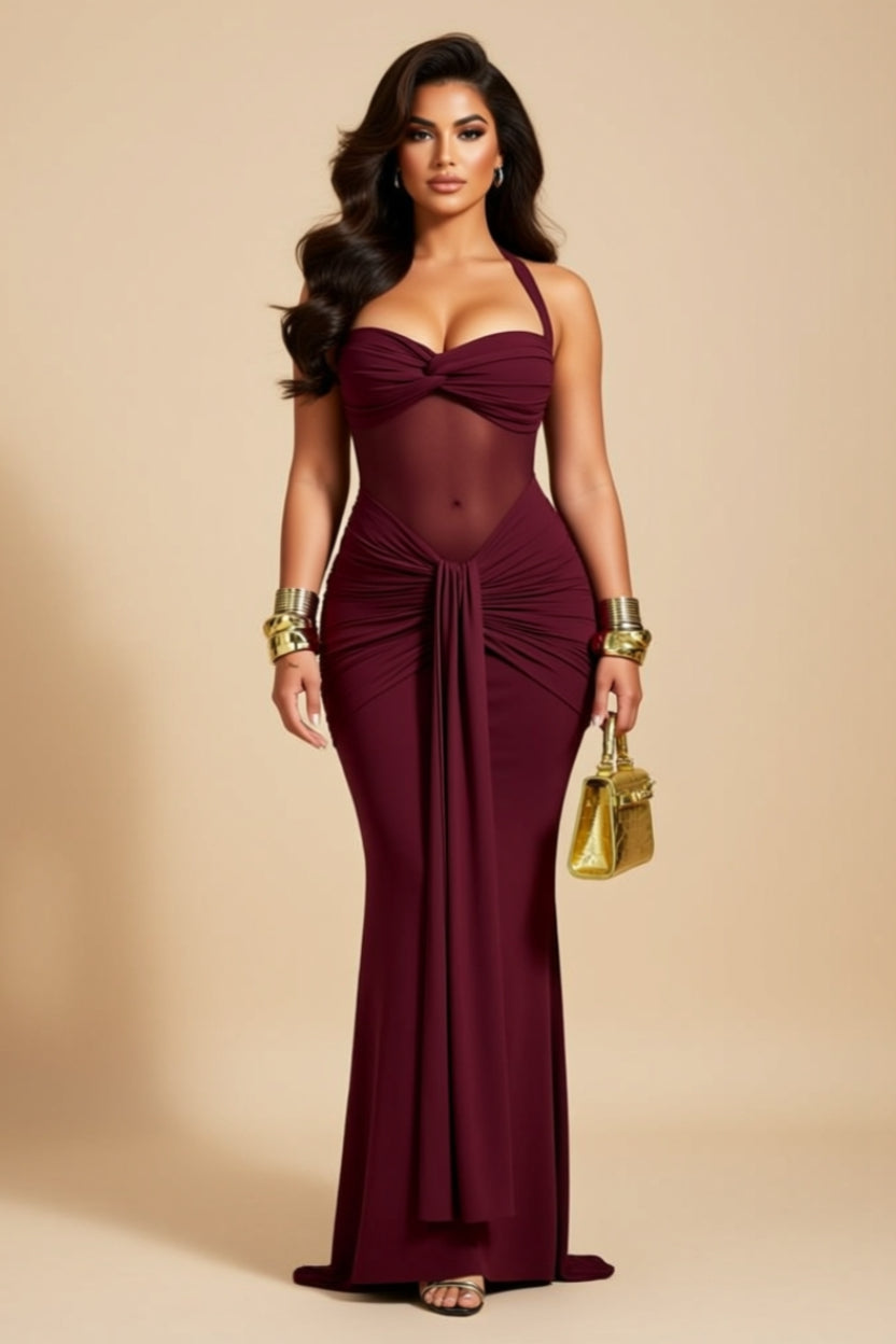 Ruched Halter-Neck Sheer-Panel Bodycon Maxi Dress