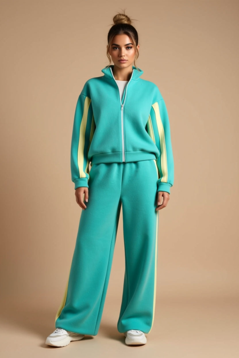 Contrast-Stripe Zip-Up Track Jacket and Wide-Leg Pants Set