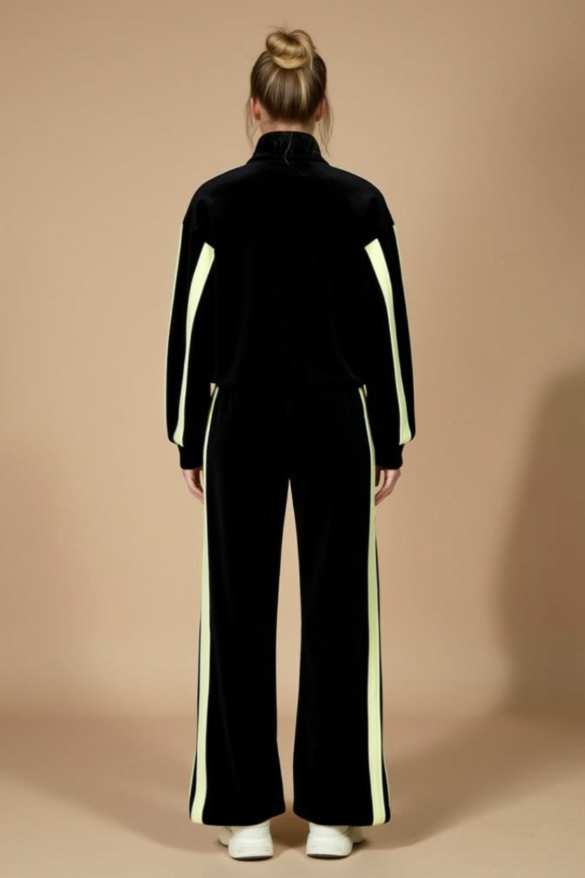 Contrast-Stripe Zip-Up Track Jacket and Wide-Leg Pants Set