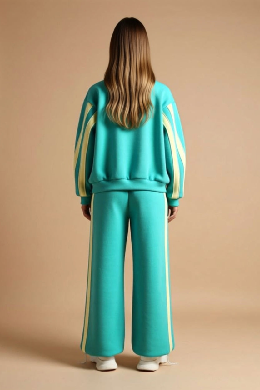 Contrast-Stripe Zip-Up Track Jacket and Wide-Leg Pants Set