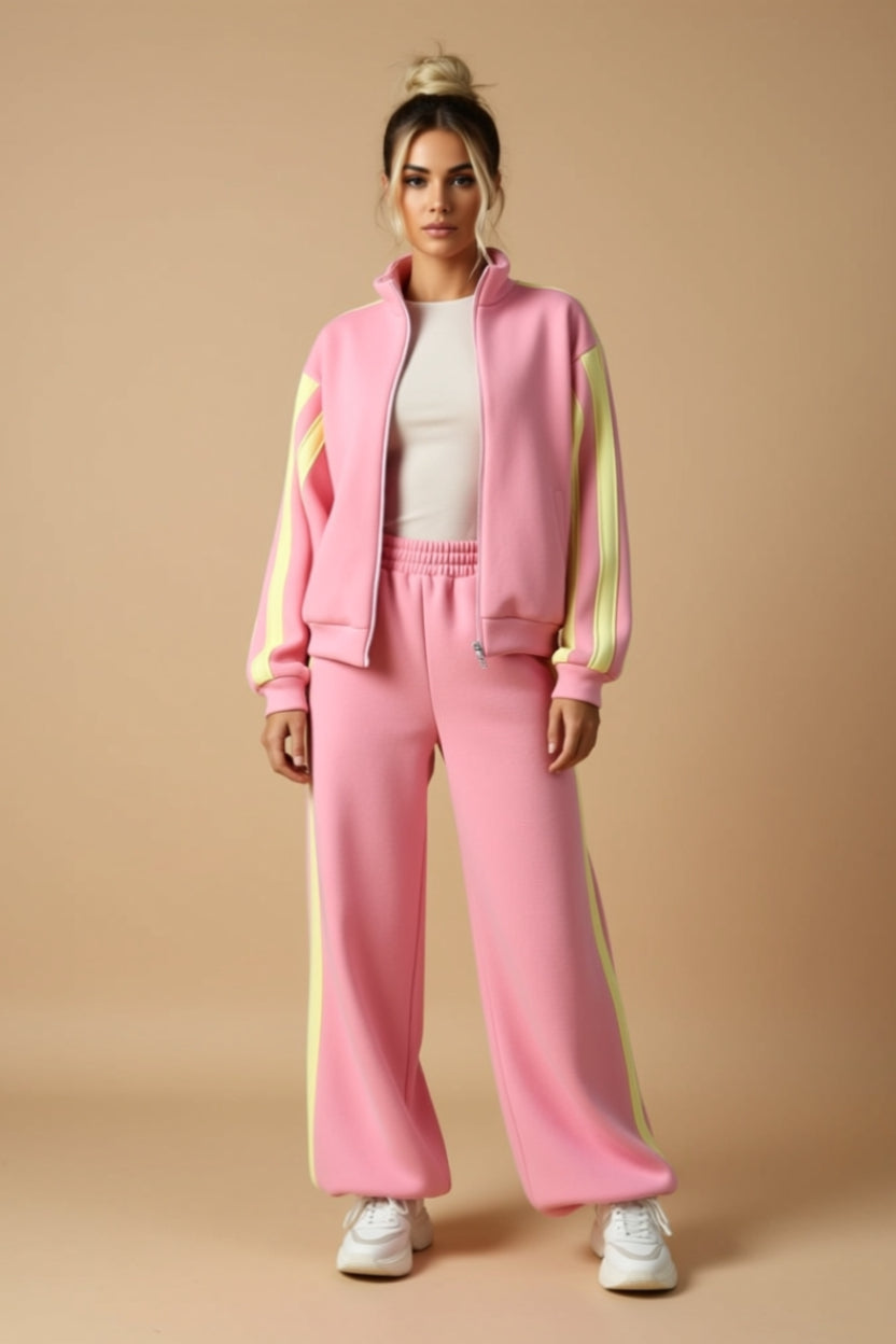 Contrast-Stripe Zip-Up Track Jacket and Wide-Leg Pants Set