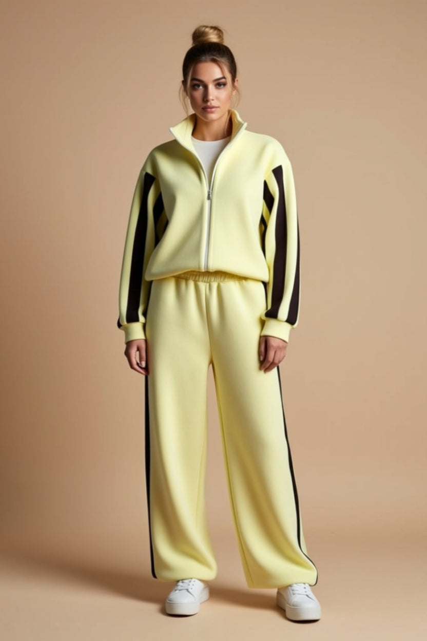 Contrast-Stripe Zip-Up Track Jacket and Wide-Leg Pants Set