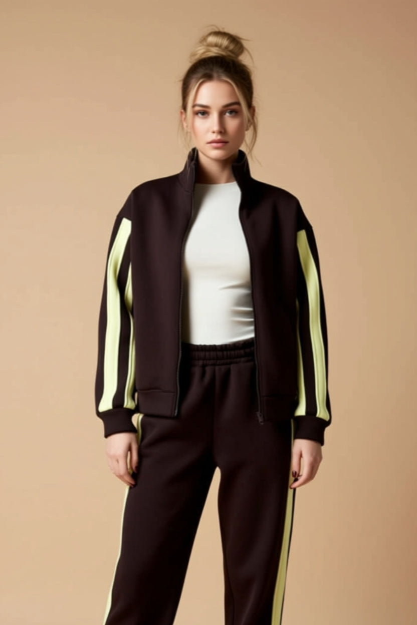 Contrast-Stripe Zip-Up Track Jacket and Wide-Leg Pants Set
