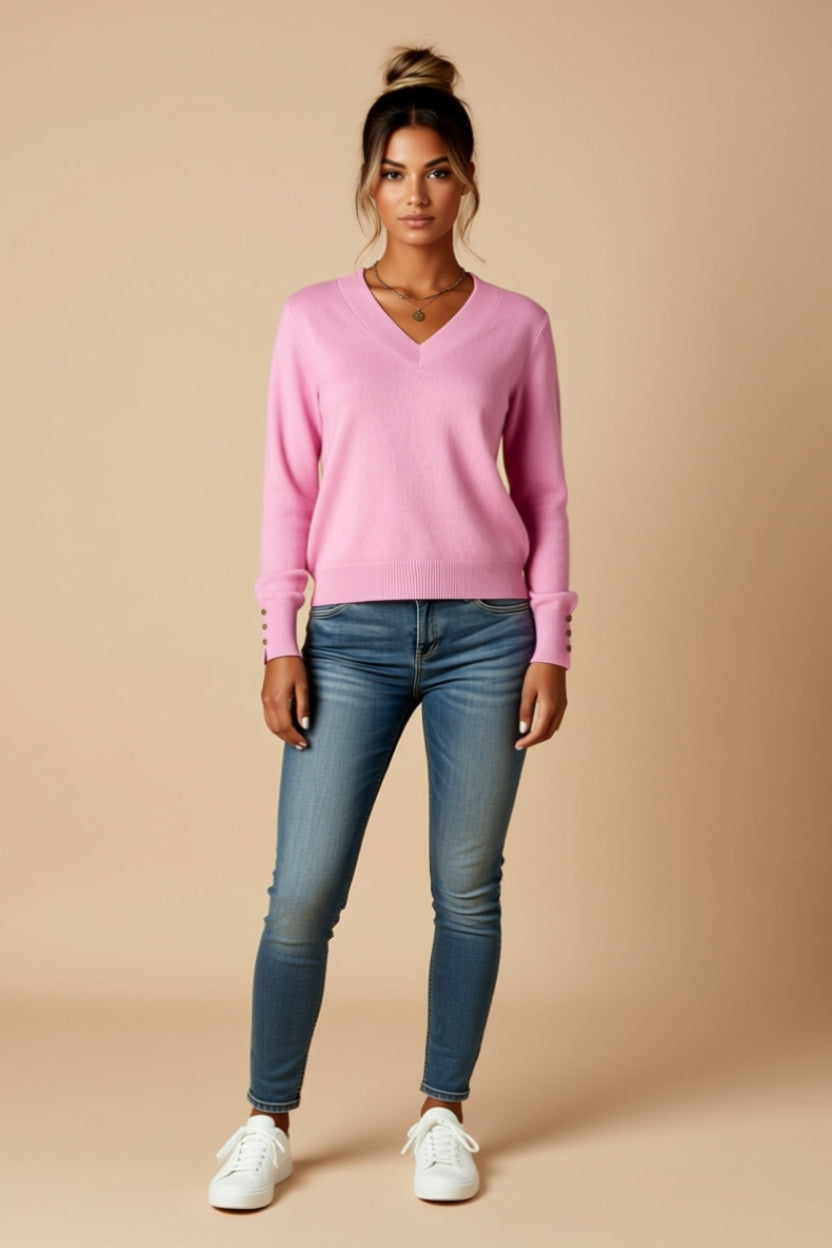 V-Neck Long-Sleeve Sweater with Decorative Cuff Buttons