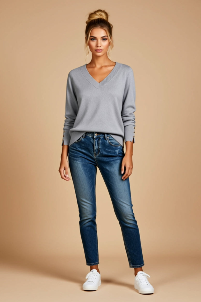 V-Neck Long-Sleeve Sweater with Decorative Cuff Buttons