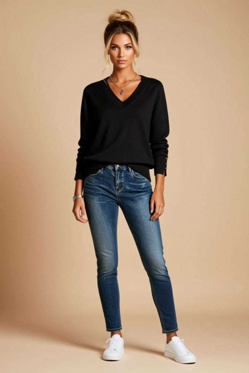 V-Neck Long-Sleeve Sweater with Decorative Cuff Buttons