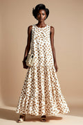 Ivory and Brown Polka Dot Tiered Sleeveless Maxi Dress