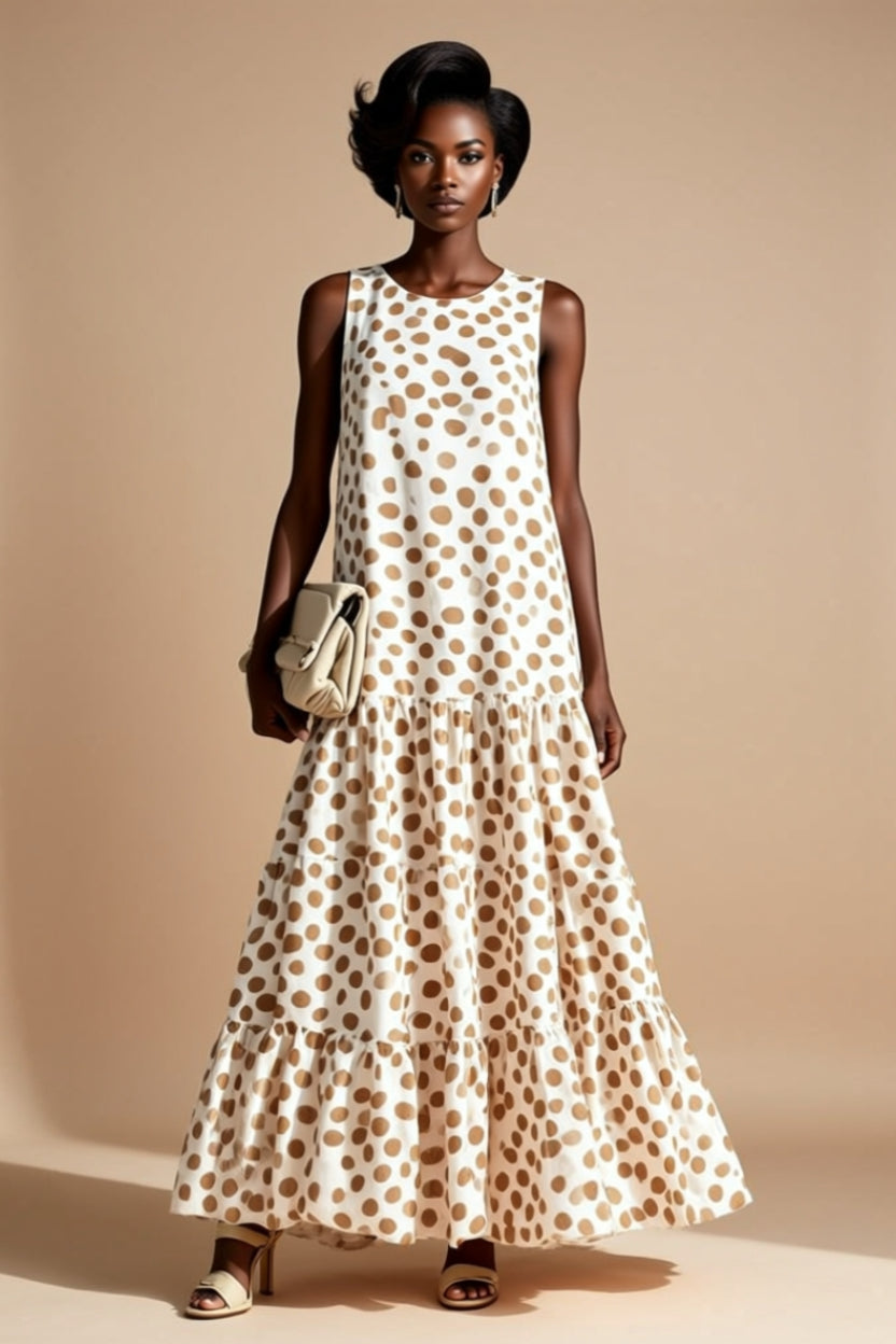 Ivory and Brown Polka Dot Tiered Sleeveless Maxi Dress