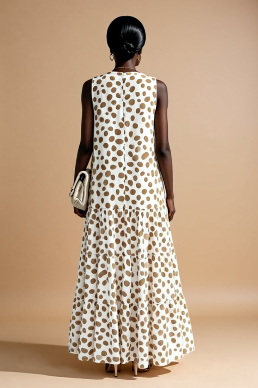 Ivory and Brown Polka Dot Tiered Sleeveless Maxi Dress