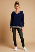 Navy Blue V-Neck Striped-Trim Pullover Sweatshirt