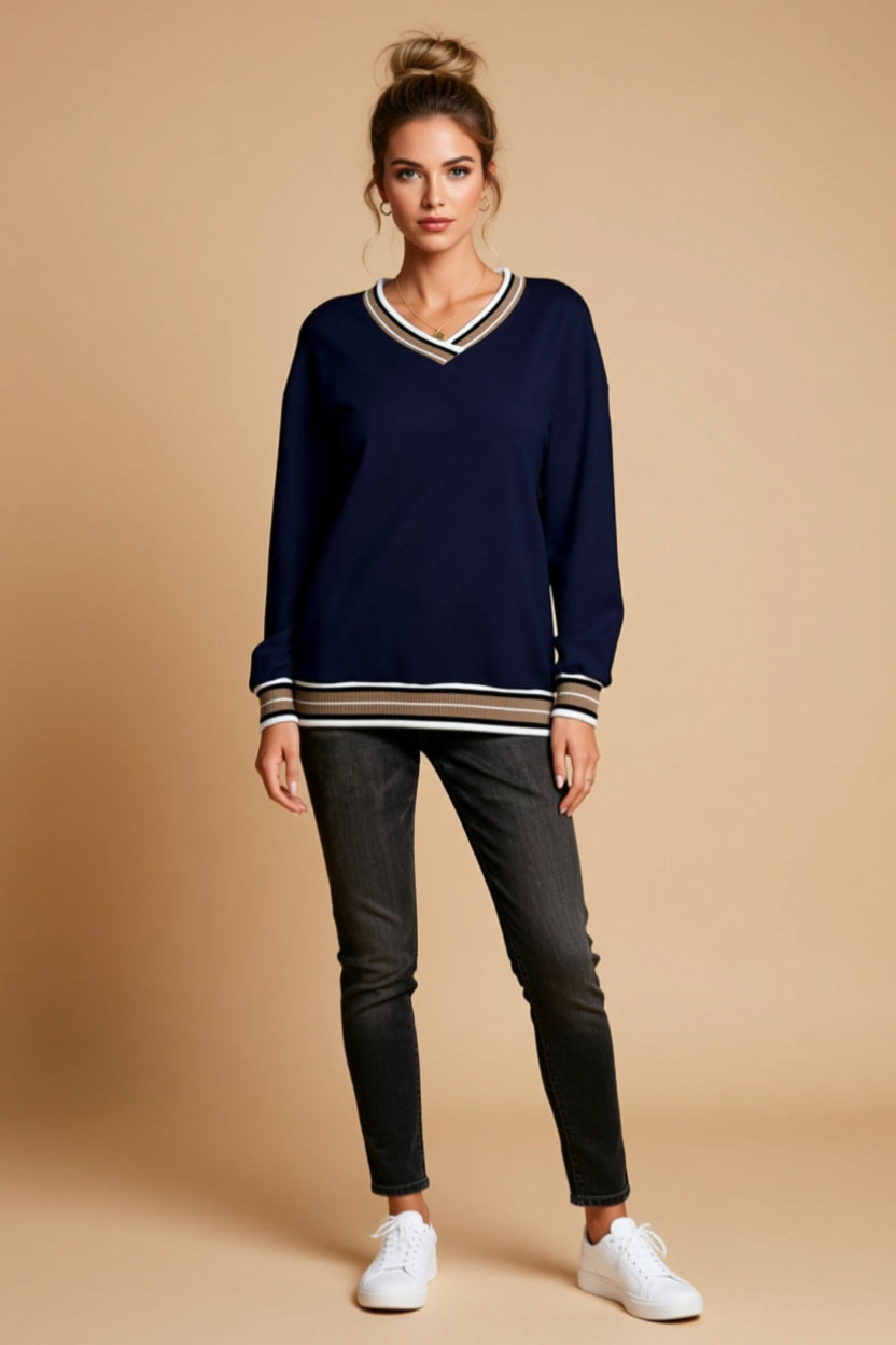Navy Blue V-Neck Striped-Trim Pullover Sweatshirt