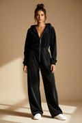 Black Washed Denim Hooded Zip-Up Wide-Leg Jumpsuit