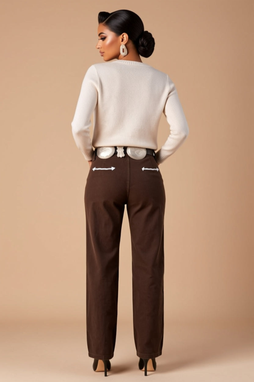 Brown High-Waisted Straight-Leg Stretch Jeans with Pockets