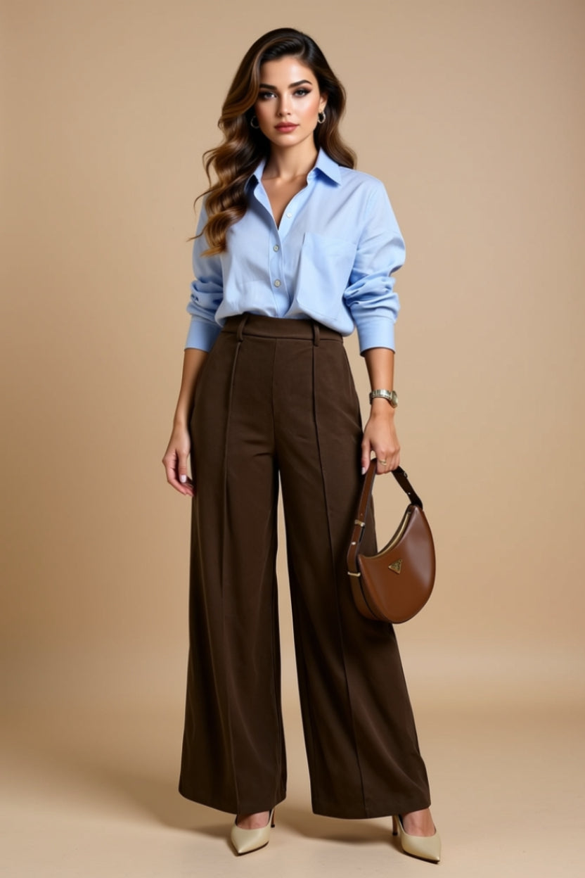 Brown High-Waisted Tailored Wide-Leg Pants with Pockets