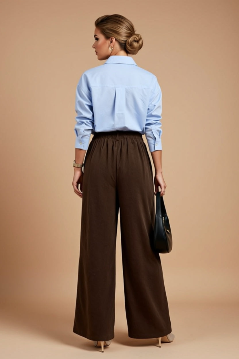 Brown High-Waisted Tailored Wide-Leg Pants with Pockets
