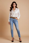 White Sheer Abstract-Print Button-Down Shirt with Pocket