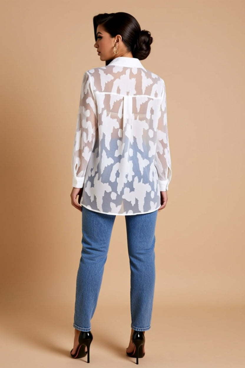White Sheer Abstract-Print Button-Down Shirt with Pocket