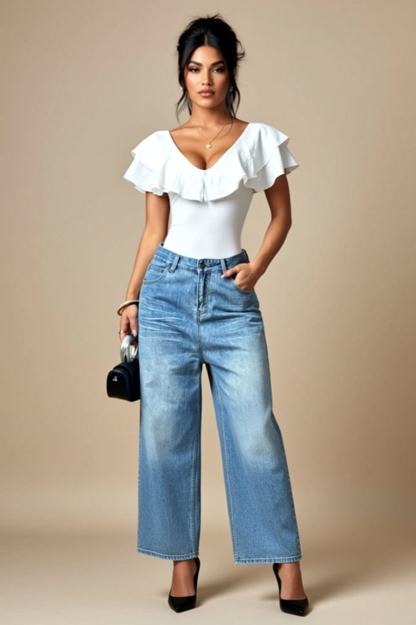 Ruffled V-Neck Short-Sleeve Stretch Bodysuit