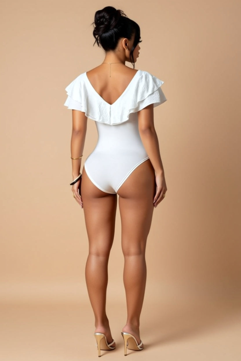 Ruffled V-Neck Short-Sleeve Stretch Bodysuit