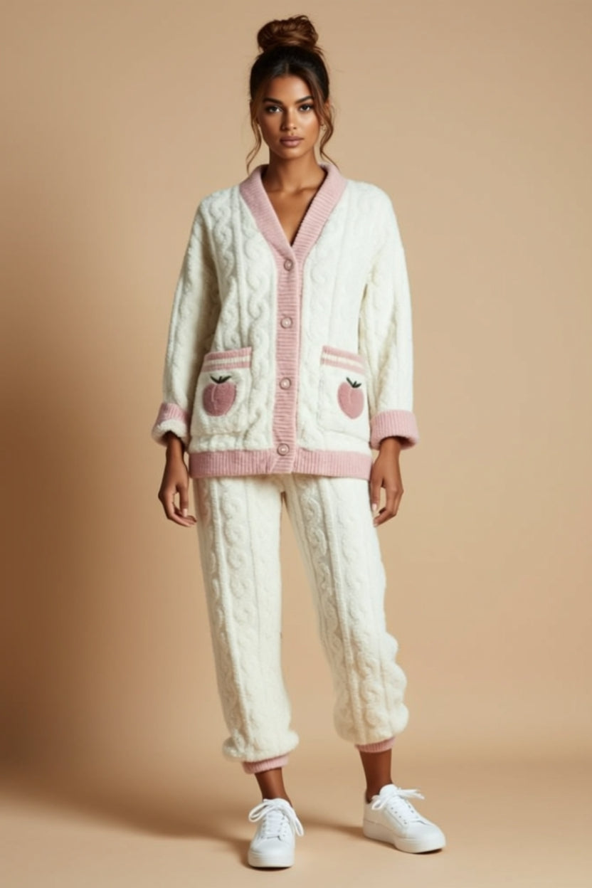 Cable-Knit Button-Front Cardigan and Pants Two-Piece Lounge Set
