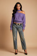 Asymmetrical Cutout Mock-Neck Long-Sleeve Knit Sweater