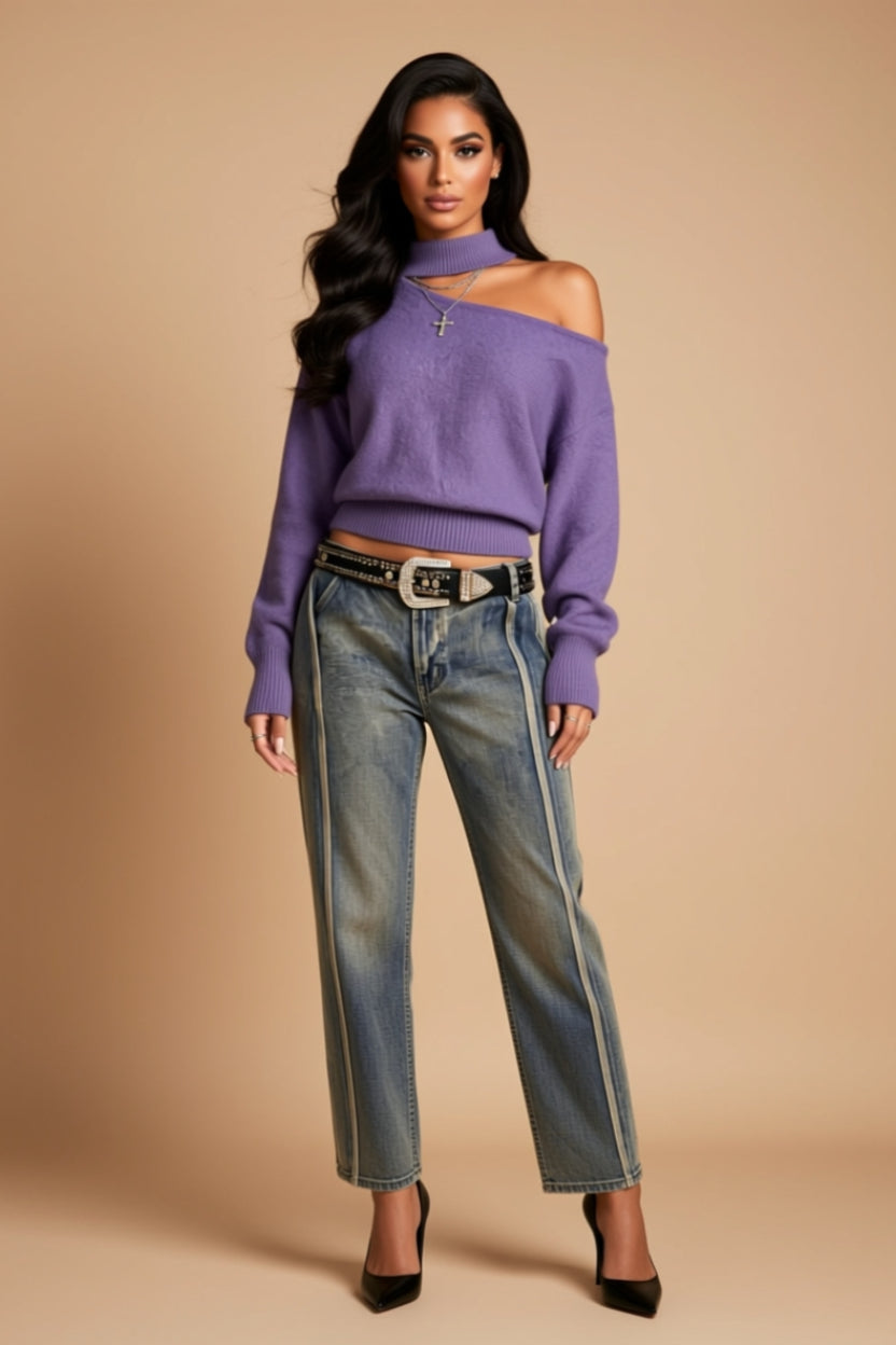 Asymmetrical Cutout Mock-Neck Long-Sleeve Knit Sweater