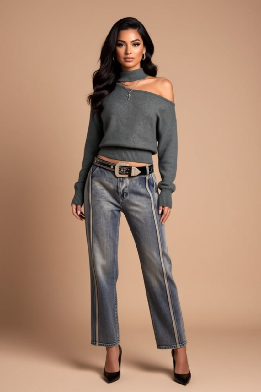 Asymmetrical Cutout Mock-Neck Long-Sleeve Knit Sweater